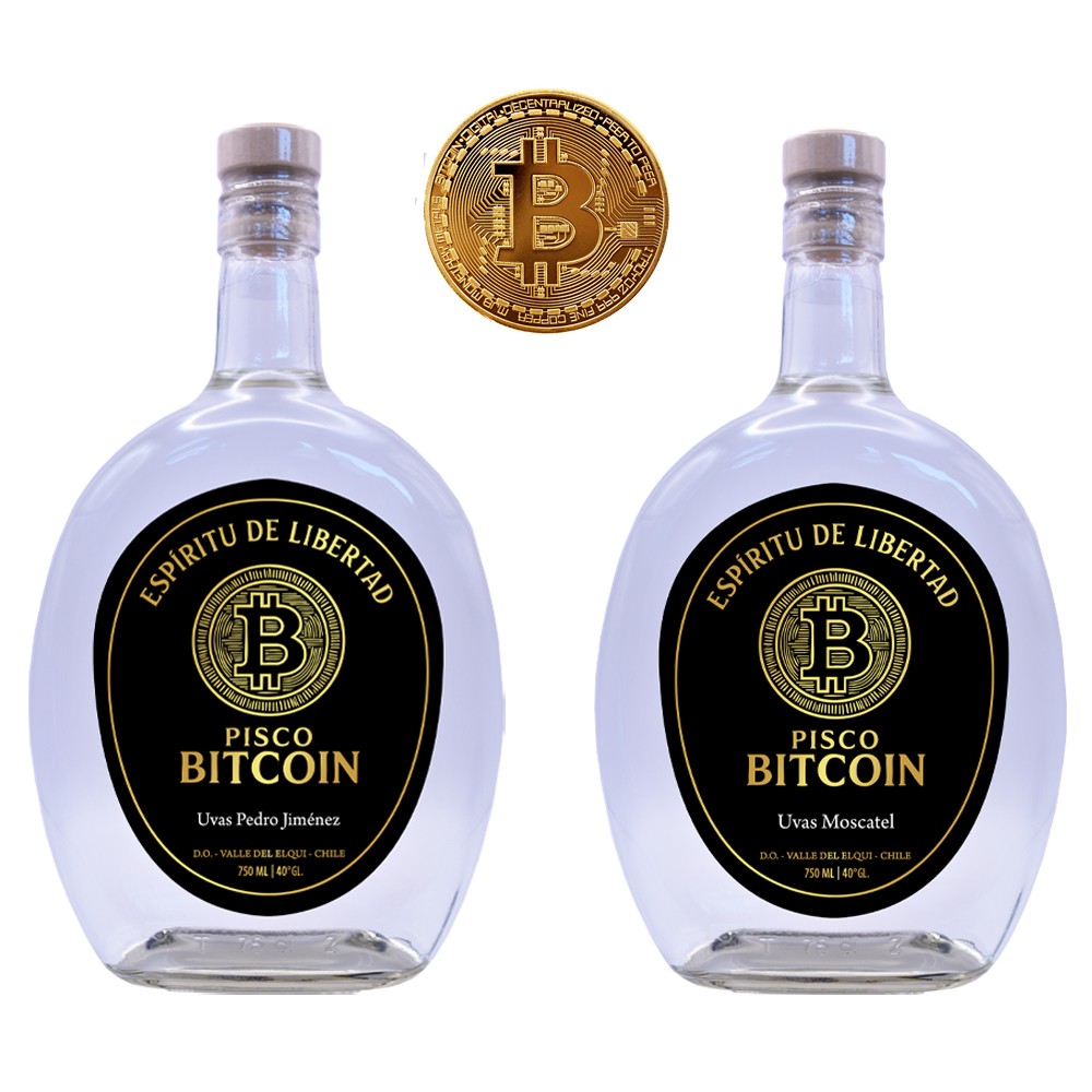 Pack Pisco Bitcoin 40° Moscatel y Pedro Jiménez 750cc + Moneda