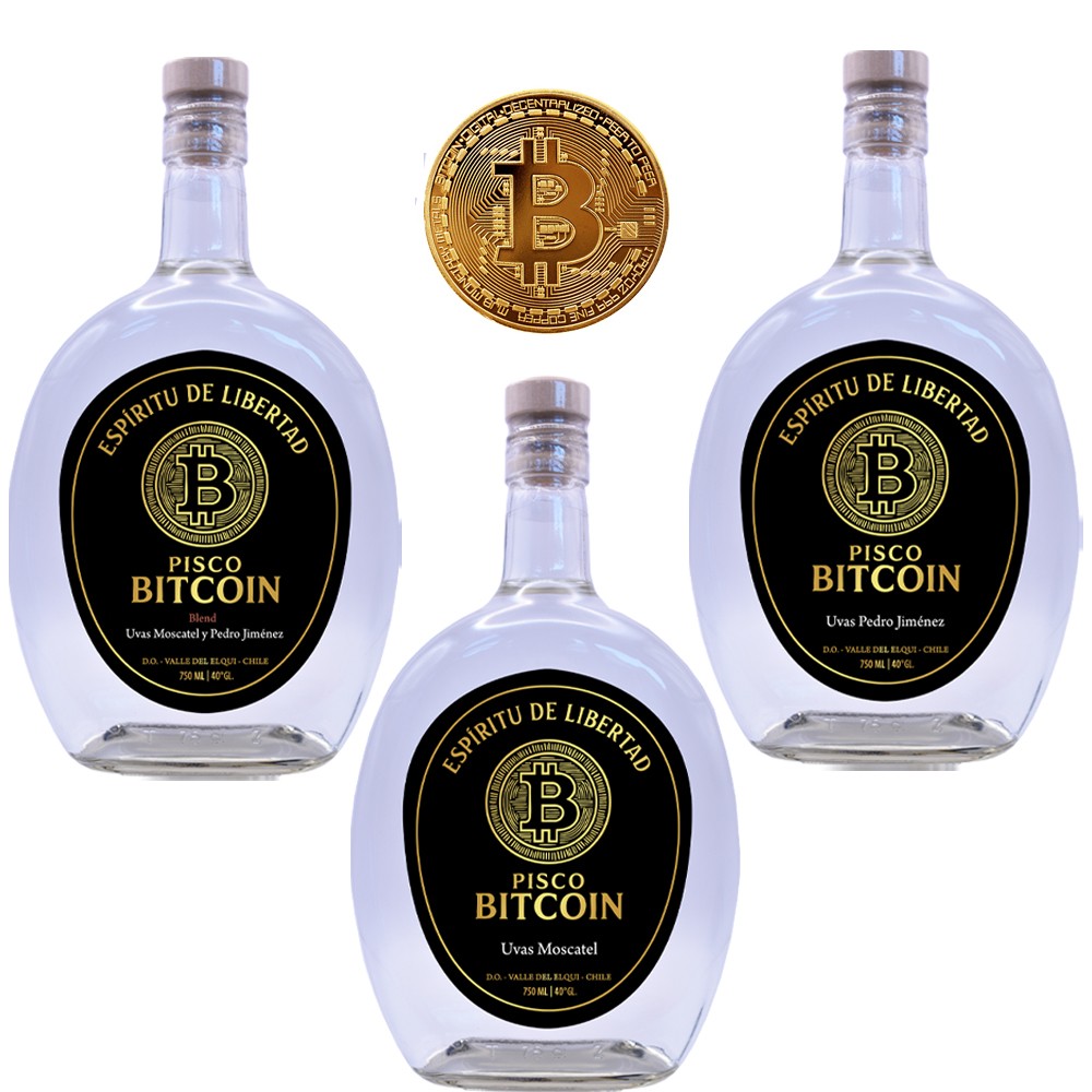 Pack Pisco Bitcoin 40° 750cc Transparentes + Moneda Bitcoin de Regalo